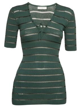 Sandro Green Striped Knit Lace Up Top Size 1 Small